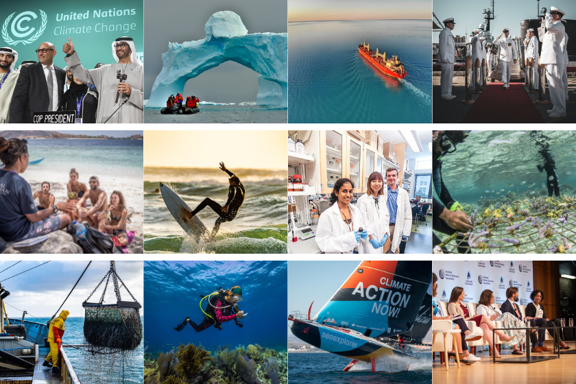 A collage of different ocean professions. Policy makers, arctic scientists, shipping, surfers, and others